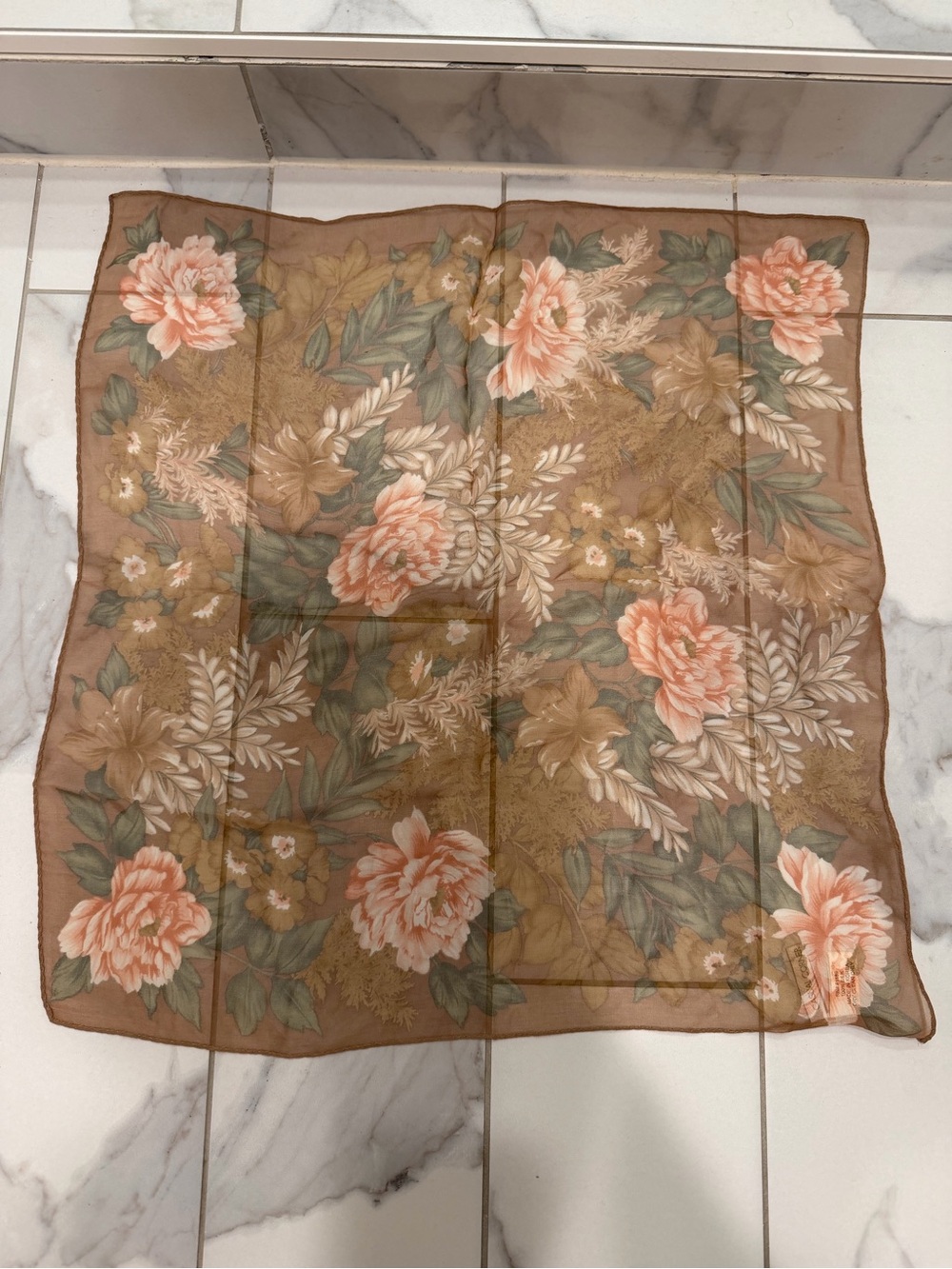 Vintage Casual Corner 100% Silk Square Scarf Sheer Floral Earth Tones Cottagecor